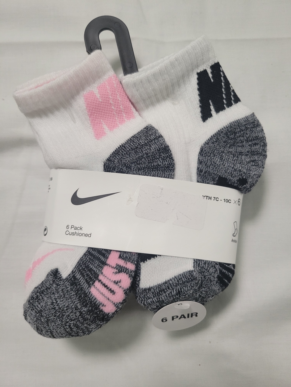 Nike Kids Cushioned Ankle Socks - White, Pink & Black (6 Pack)